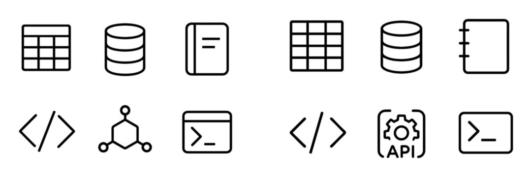 Developer icons with database code api outline