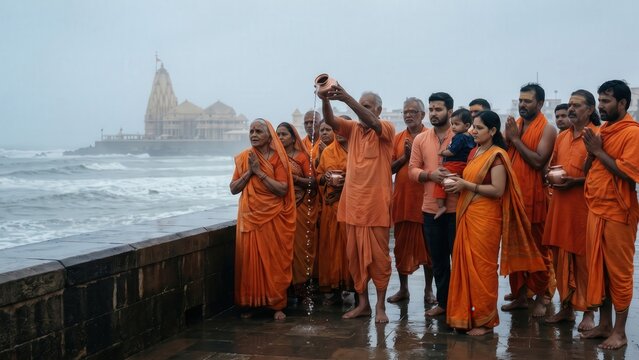 Devotees Praying at Somnath Seaside Temple &ndash; Spiritual Arabian Sea Pilgrimage