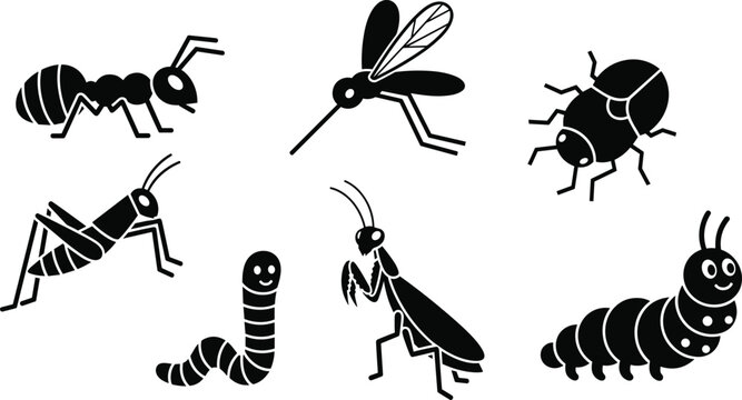 Insects Icon Set Featuring Ant, Mosquito, Beetle, Cricket, Worm, Praying Mantis, and Caterpillar for Apps, Websites, and Digital Designs