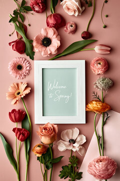 Elegancka biała ramka z subtelnym napisem &bdquo;Welcome to Spring!&rdquo; otoczona artystyczną kompozycją r&oacute;żnorodnych, świeżych kwiat&oacute;w na pudrowor&oacute;żowym tle.