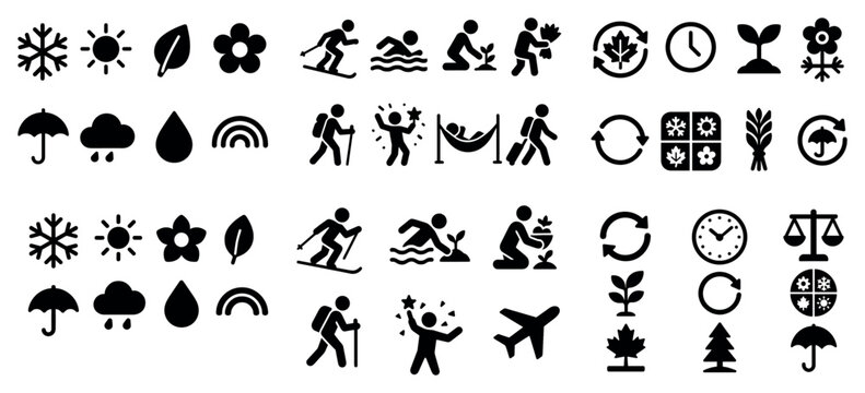 Seasonal icons with sun snowflake leaf outline