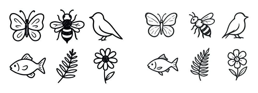 Nature icons with butterfly bee bird minimal