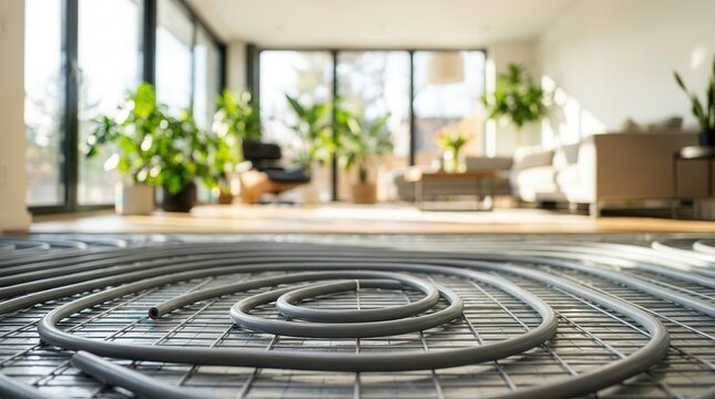 Radiant floor heating retrofit installation with PEX tubing in a serpentine pattern for residential efficiency.