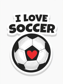 Grafika naklejki na jasnym tle z czarnym napisem &bdquo;I LOVE SOCCER&rdquo; umieszczonym nad okrągłą piłką nożną, kt&oacute;ra w samym środku posiada małe, czerwone serduszko.