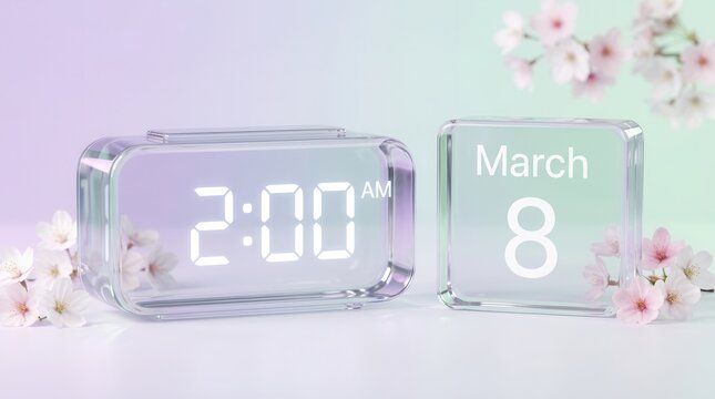 3D glass alarm clock showing 2:00 AM and March 8 calendar for Daylight Saving Time Spring forward concept featuring a glass digital alarm clock and March 8 calendar with white blossoms.