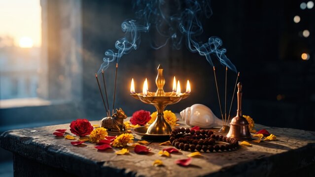 Sacred Diya and Incense at Kashi Vishwanath Temple &ndash; Spiritual Still Life