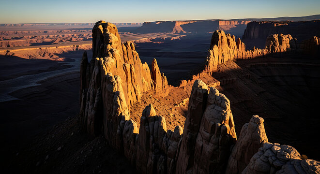 Rock Formations Illuminated by Sunset in Desert Landscape