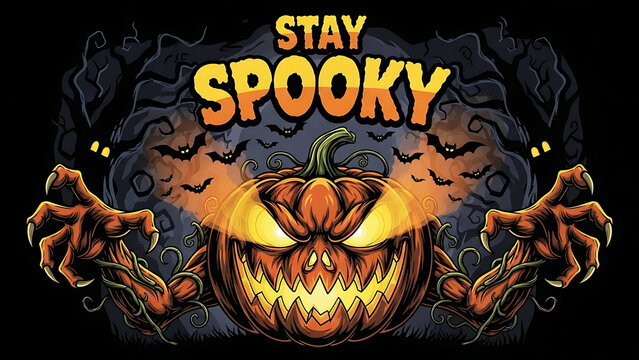 Stay spooky text with a glowing jack-o-lantern pumpkin isolated on a transparent background