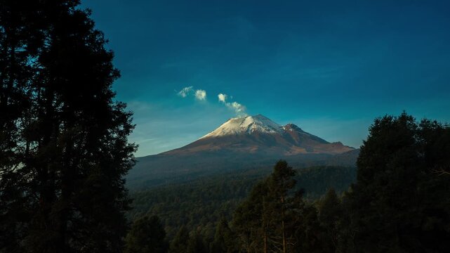 A panoramic view of Popocatepetl volcano surrounded by lush forest under a clear blue sky. showing snow‑covered slopes and light volcanic smoke.. time lapse 4K