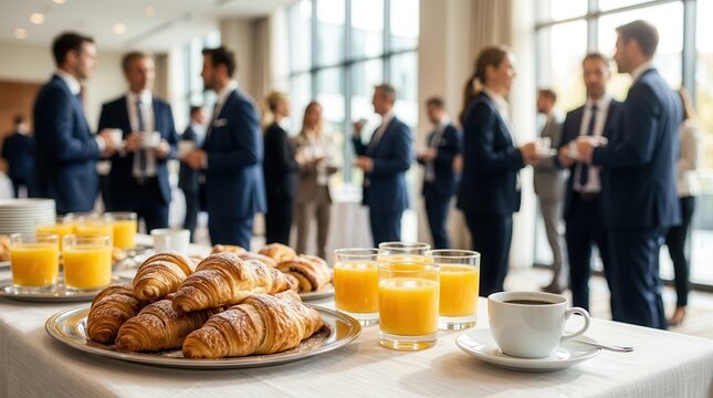Fresh croissants, coffee, and orange juice at a business conference coffee break.
