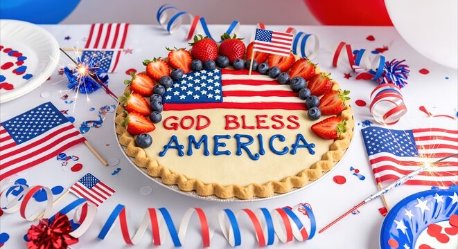 Patriotic 'God Bless America' Pie with Strawberries and Blueberries, Sparklers, and Flags for Fourth of July Celebration