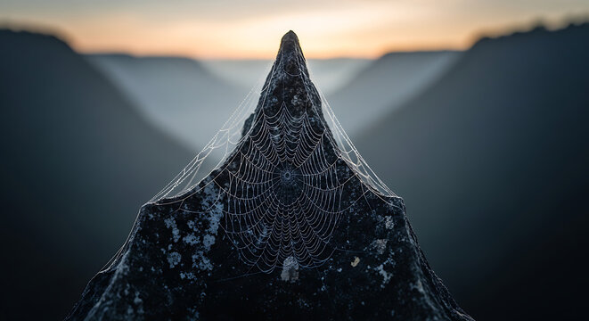 Frozen Spider Web on Rocky Peak at Sunset