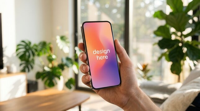 Hand holding a smartphone with a blank screen mockup for design preview in a modern home interior.