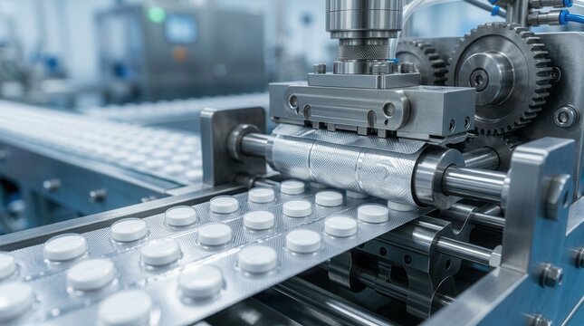 Pharmaceutical blister packaging machine sealing medicine tablets on an assembly line.