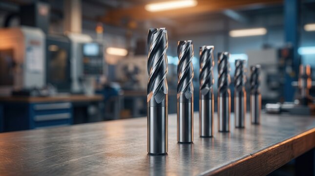Carbide end mill cutting tools arranged in a professional workshop for precision machining.