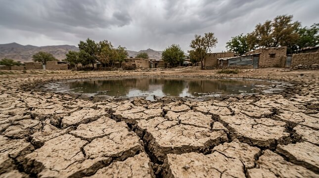 Cracked dry earth surrounds a contaminated water source in a marginalized community under a heavy gray sky.