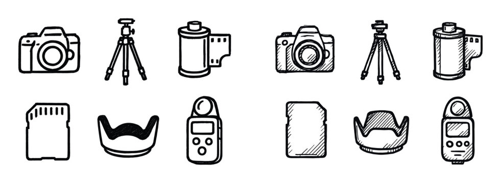 Photography icons with camera tripod film minimal
