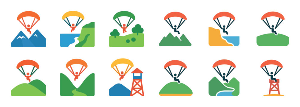 Parachute icons with canopy mountain tower flat