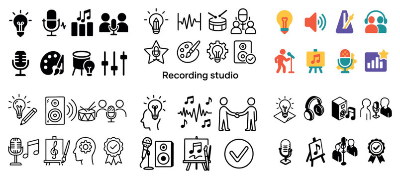 Recording studio icons with mic speaker headphones flat