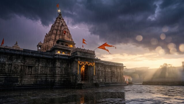 Mahakaleshwar Temple in Monsoon Storm &ndash; Dramatic Ujjain Jyotirlinga Exterior