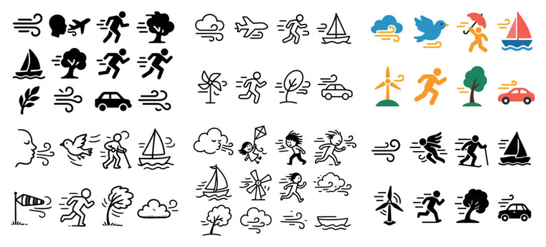 Wind icons with runner tree sailboat outline