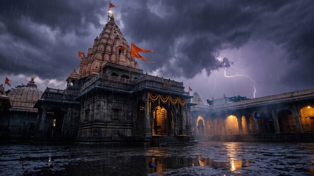 Mahakaleshwar Temple in Monsoon Storm &ndash; Dramatic Ujjain Jyotirlinga Exterior