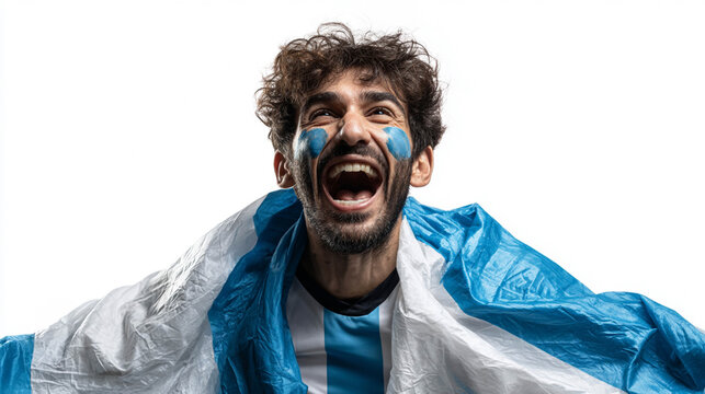 Argentine Football Fan Celebrating with National Flag Wrapped Around Shoulders, Isolated on White Background