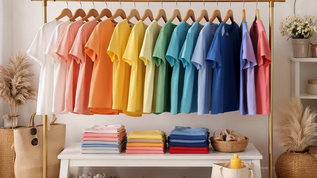 A neatly organized boutique display of rainbow-colored t-shirts hanging on a gold rack with folded stacks, shoes, bags and neutral decor in a bright minimalist setting
