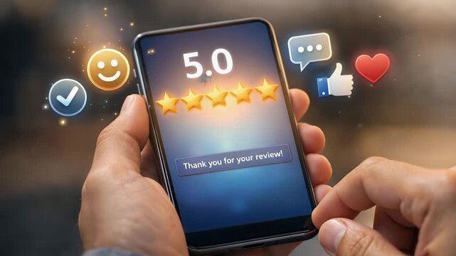 Close-up of a hand tapping a smartphone screen to submit a 5.0 five-star review, with glowing star icons and social reaction symbols showing positive user feedback.