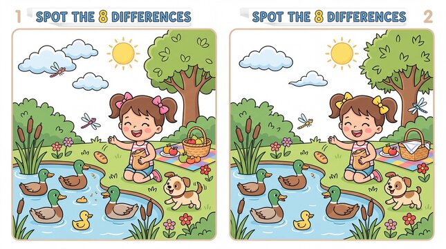 Spot the Difference game: Girl and Ducks