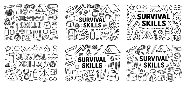 Survival icons with tent backpack knife outline
