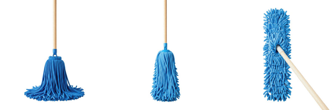 Set of Blue Long Handle Floor Mops and Commercial Cleaning Equipment Isolated on White Background, PNG, oil paint