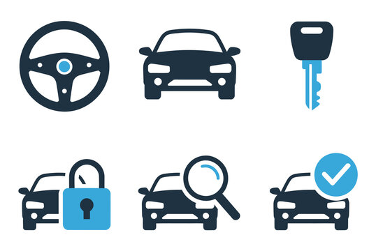 Steering Wheel Icon Featuring Car Key, Lock, Magnifying Glass, and Check Mark for Vehicle Security Concepts.