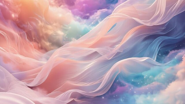 Ethereal pastel dreamscape of flowing silk-like clouds and luminous fabric waves sweeping across a celestial sky, soft nebula colors, misty gradients and delicate starlit haze
