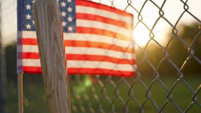 Cinematic 4K Slow Motion of a Wooden Baseball Bat and American Flag on a Chain Link Fence at Sunset during 4th of July Celebration