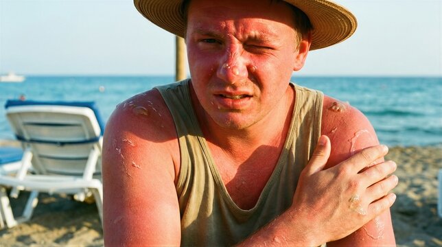 Man with severe facial and shoulder sunburn with painful blisters on skin at beach. Health risk of ultraviolet radiation exposure. Concept of sun protection and skincare awareness.