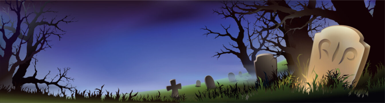Halloween  banner .Graveyard and broken trees.