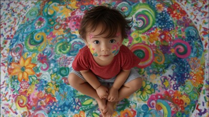 Fototapeta premium Adorable toddler sitting on vibrant colorful abstract floor art looking up with curious eyes and playful expression