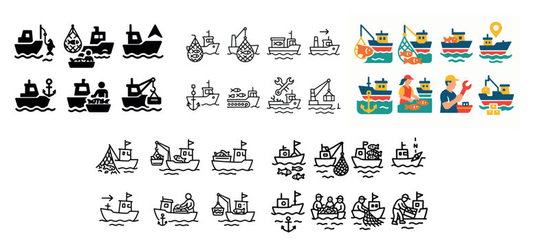 Maritime icons with boats anchors colorful flat