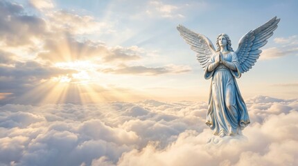 Naklejka premium An angel statue stands with hands together above soft clouds as the sun rises in the background. Light beams shine through the clouds, creating a bright scene