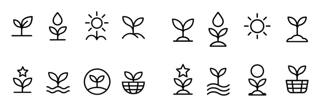 Gardening icons with seed sprout sun outline