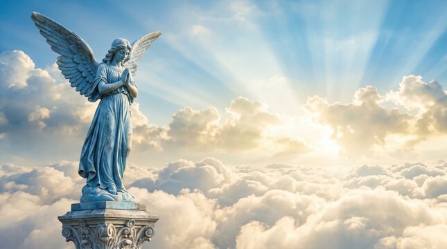 A tall statue of an angel with wings is placed on a column. The sky is filled with bright clouds and rays of sunlight shining down. This scene is from above the clouds at sunrise