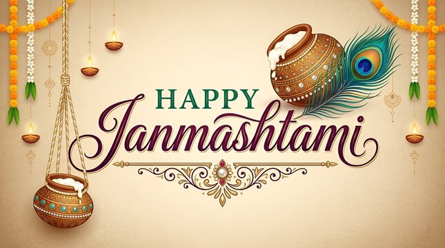 Happy Janmashtami elegant purple script typography banner with magenta butter pot peacock feather and hanging dahi handi vector illustration