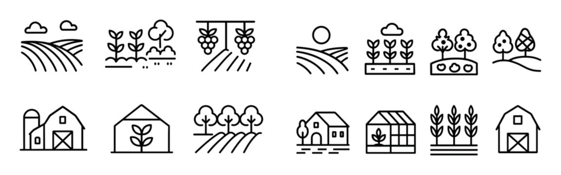 Agriculture icons with barn crops field outline