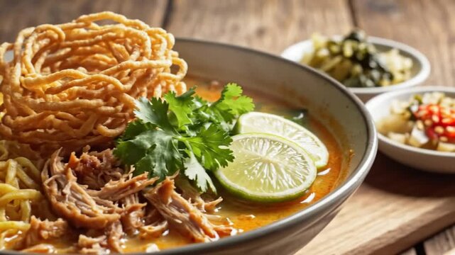 Delicious and flavorful Khao Soi Thai noodle soup with crispy noodles, chicken, fresh cilantro, lime, and condiments