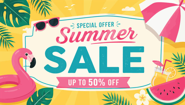 Summer Sale Banner Template with Flamingo Float and Tropical Leaves