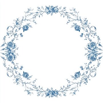 Exquisite vintage blue style circular floral frame wreath featuring delicate detailed sketch drawings of roses and climbing vines isolated on a clean white background backdrop