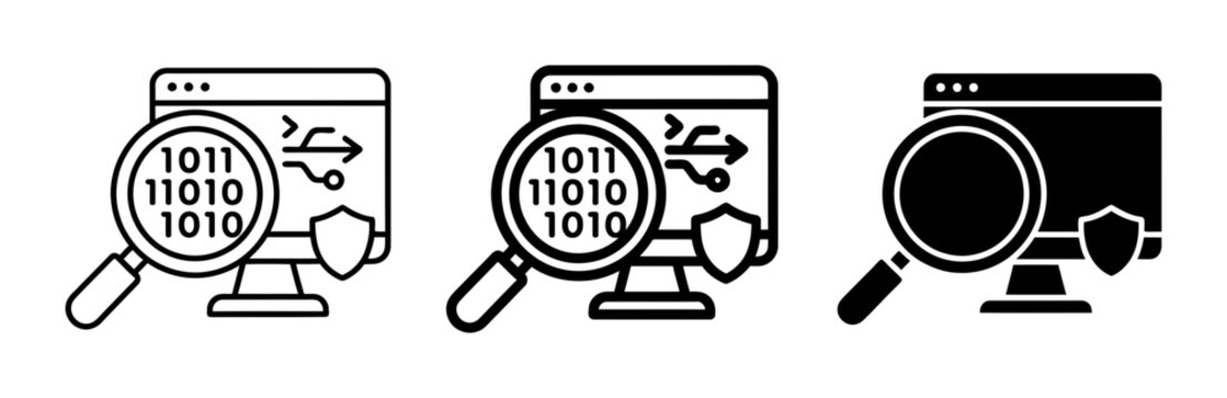 Website Analytics, SEO Optimization, Data Analysis Icons. Web Development, Search Engine, Code Review Vector Graphics. Black and White Line Art Symbols