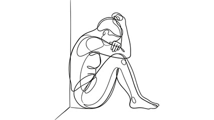 Obraz premium Solitary figure in corner, one line drawing, emotional distress, mental health
