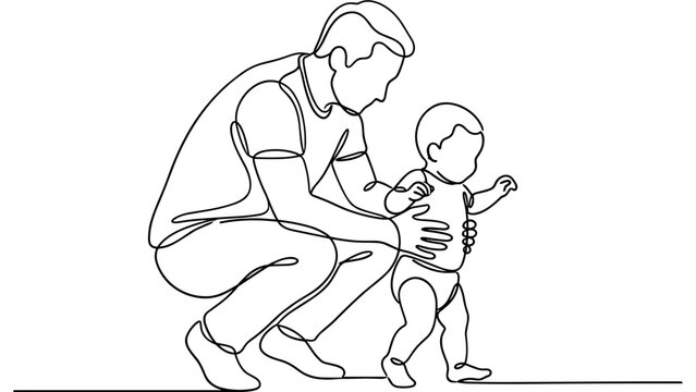 Father teaching baby first steps, single line art, family bonding, childhood, learning to walk